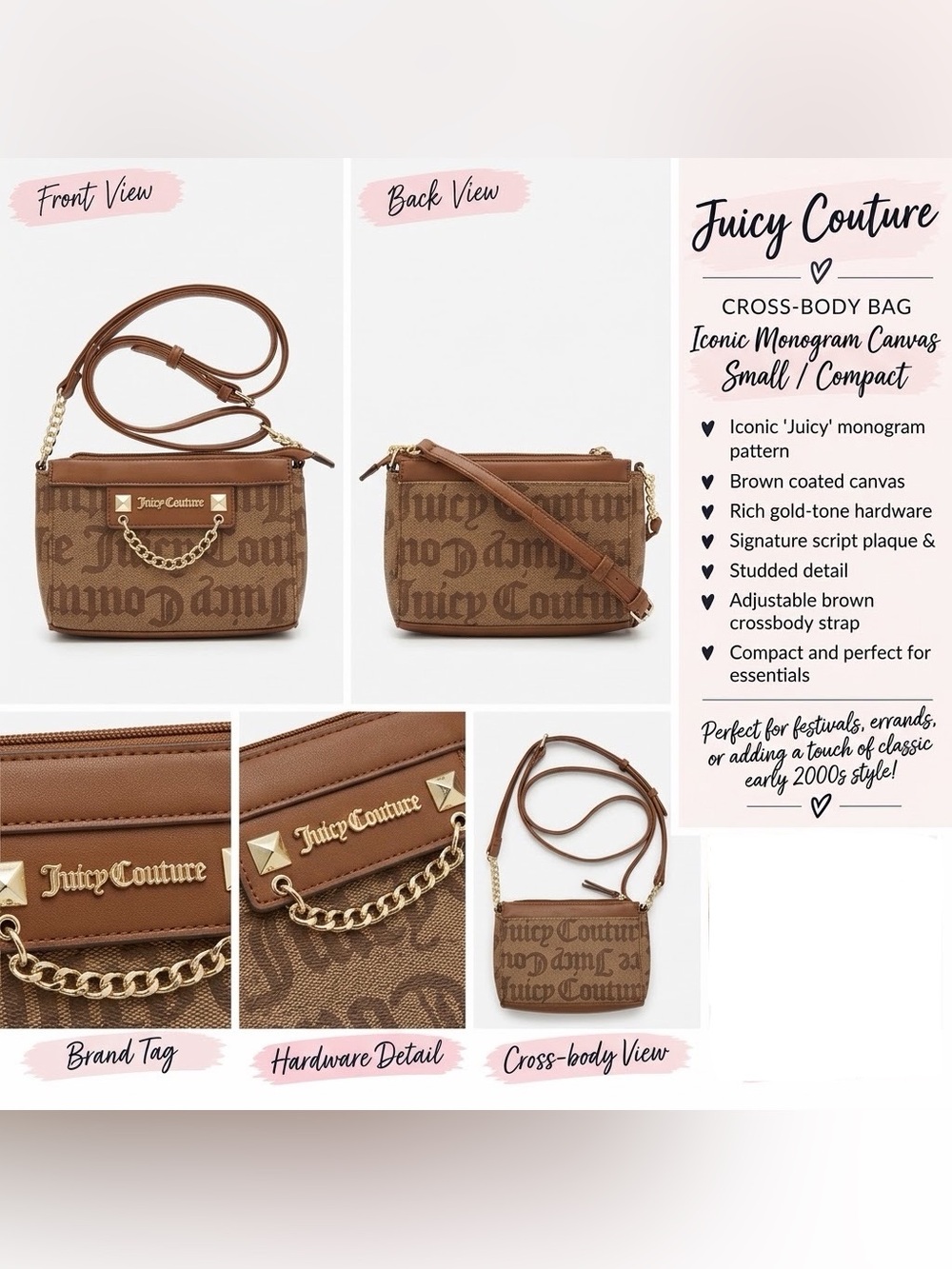 Juicy Couture Iconic Monogram Canvas Crossbody Bag Brown
